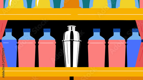 Vector isolated icon of a cocktail bar station featuring colorful bottles and a shaker, minimalist design showcasing bar essentials for cocktail preparation and mixology
