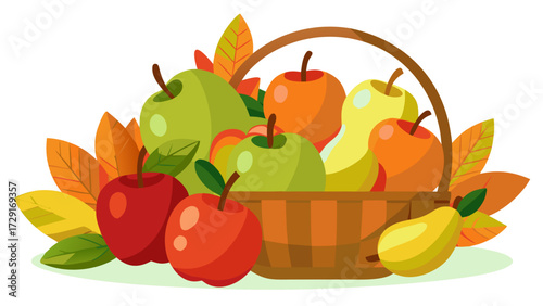 Colorful vector illustration of a harvest basket filled with apples and pears surrounded by autumn leaves, celebrating the beauty of the fall season and seasonal abundance