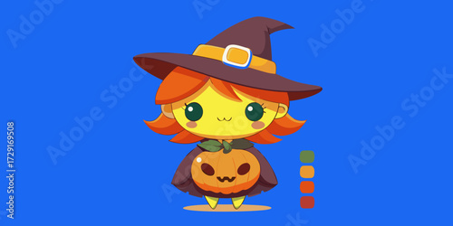 Cute cartoon witch with big hat and pumpkin, showcasing vibrant colors and playful design, perfect for Halloween celebration and festive decorations
