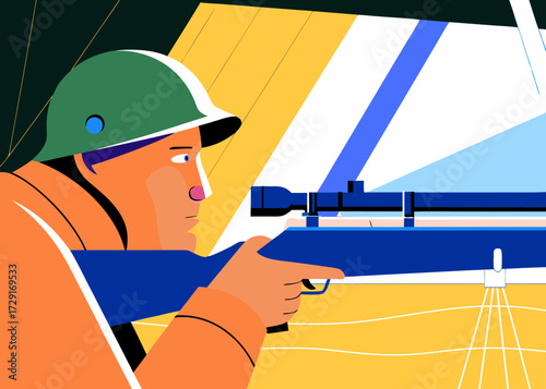 Soldier in green helmet aims rifle with focus, set against a vibrant backdrop of yellow and blue, capturing the intensity of military action and strategic preparation