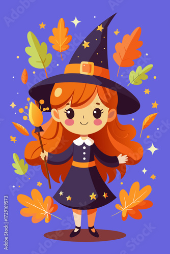 Cute little witch with magic wand surrounded by colorful autumn leaves, wearing a black dress and pointed hat, celebrating Halloween in a whimsical and enchanting atmosphere