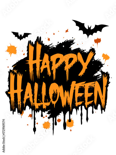 Grunge style Halloween celebration graphic featuring bold orange text saying Happy Halloween with splatters and bats creating a spooky atmosphere for festive designs and decorations