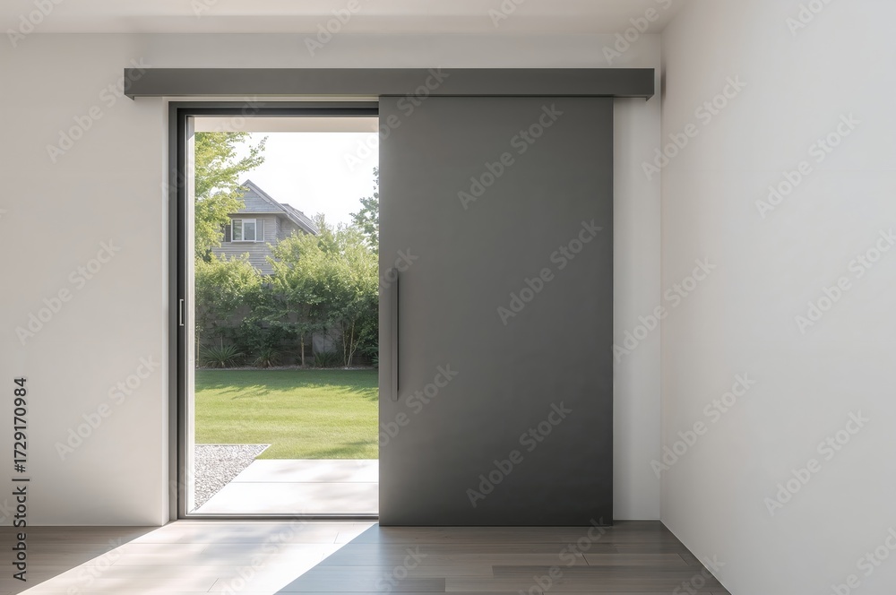 Obraz premium Modern aluminum sliding entrance to a suburban garden with a grey and white house facade