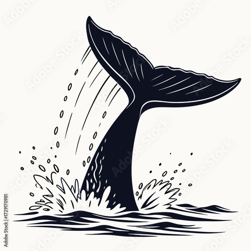Silhouette of whale tail above water splash, black fill