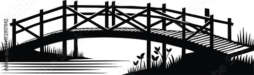 A black silhouette vector illustration of an arched wooden footbridge on an isolated white background