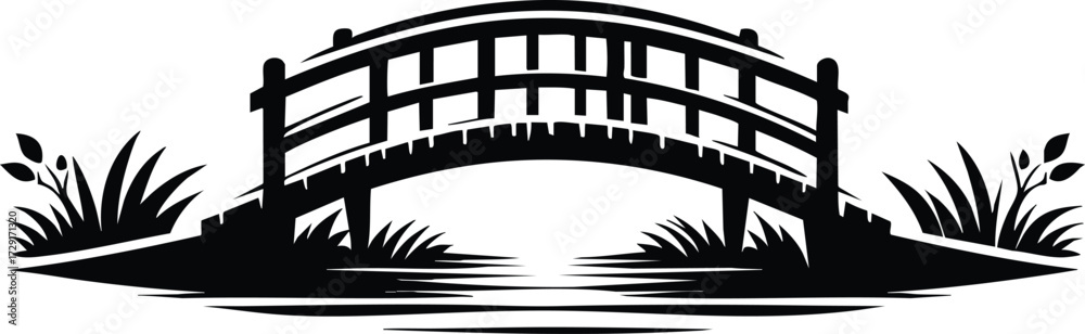 Φωτογραφία A black silhouette vector illustration of an arched wooden footbridge on an isol