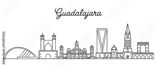 Guadalajara Line Art skyline. Travel Guadalajara famous landmarks. with white background