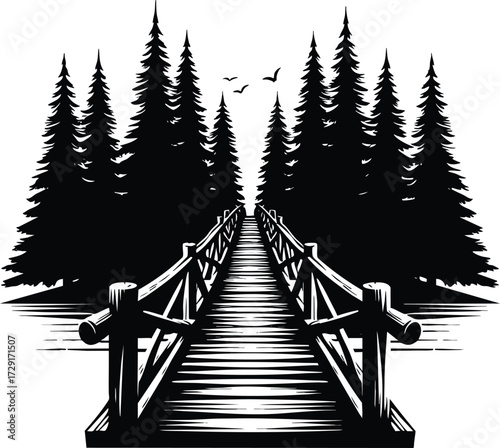 A black silhouette vector illustration of an arched wooden footbridge on an isolated white background