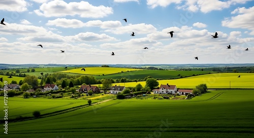 Birds flying over rural landscape featuring green fields and houses