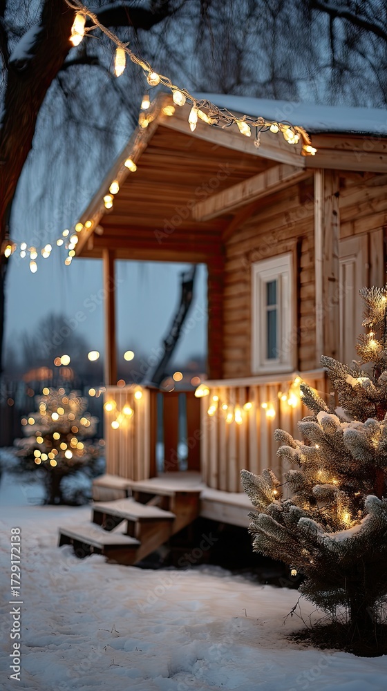 Fototapeta premium Snow-covered cabin decorated with festive lights during a winter evening in a peaceful neighborhood
