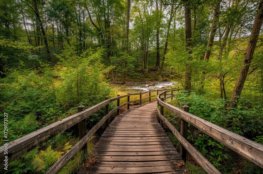 Fototapeta premium A rustic wooden pathway winds through vibrant foliage, beckoning adventurers to discover a peaceful nature retreat.