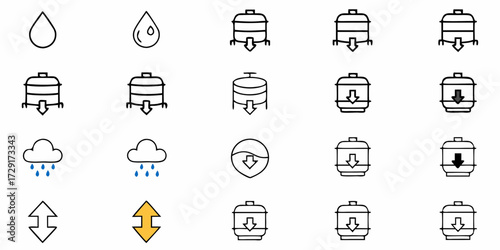 Explore a modern collection of downward arrow icons representing download, rain, and water resources, perfect for app design, web development, and environmental awareness campaigns