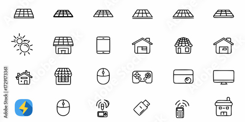 Hand-Drawn Icons of Modern Sustainable Living and Technology Representing Solar Panels, Smart Homes, Gadgets, and Energy Efficiency for a Greener Future