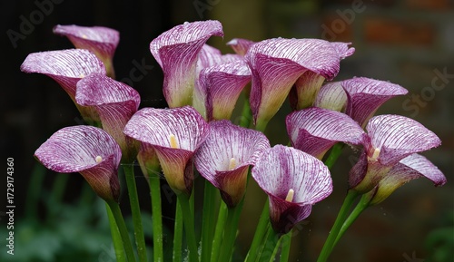A cluster of vibrant purple and white Calla lilies, adorned with water droplets, creates a captivating floral display.
