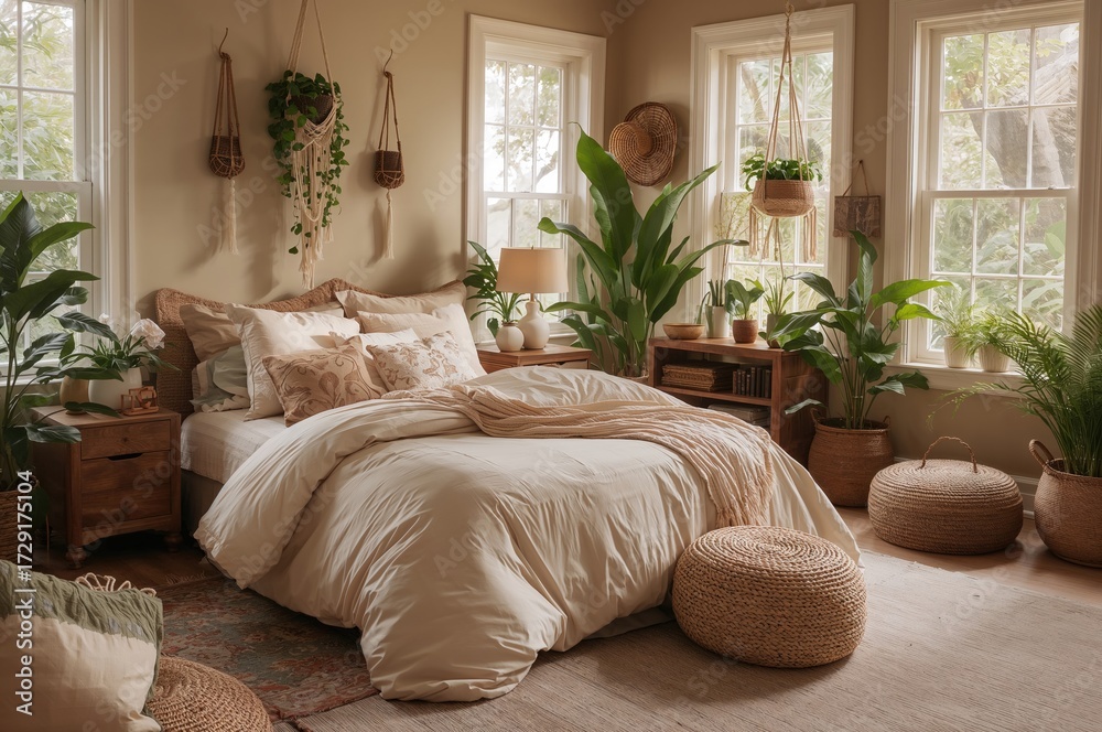 Naklejka premium A tranquil sleeping area adorned with greenery, cozy linens, and organic touches for calmness.