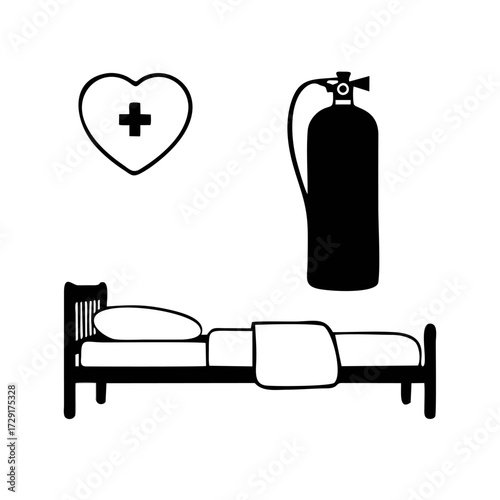 Medical Icon Set with Heart Stethoscope, Oxygen Tank, Hospital Bed, and Clipboard for Healthcare, Clinic, and Patient Care Vector Illustration