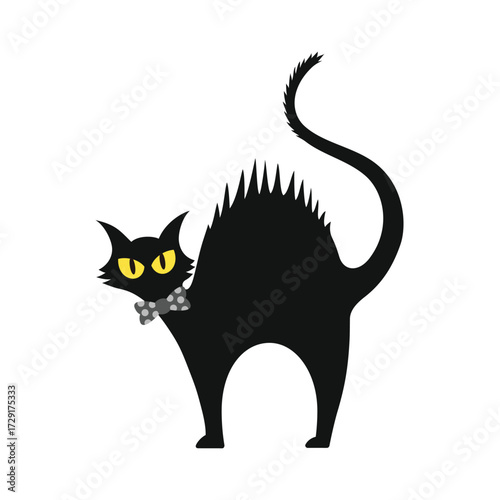 Spooky black cat with arched back and yellow eyes wearing a bow tie for halloween