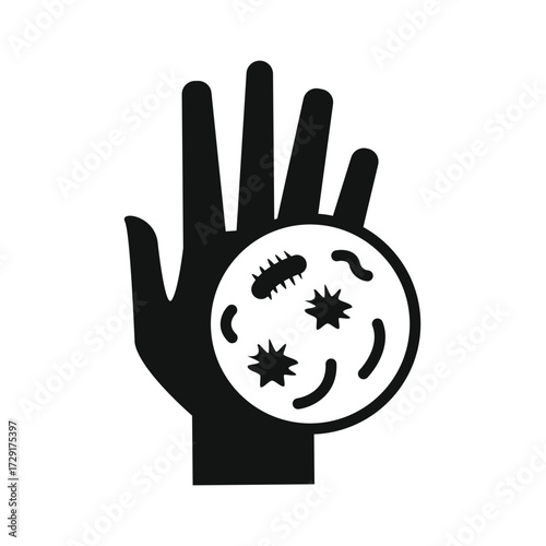 Black and white illustration of a human hand with a magnified view of bacteria and germs on its surface