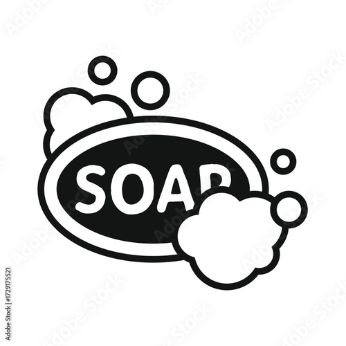 Simple black and white illustration of a bar of soap with bubbles and foam representing cleanliness and hygiene