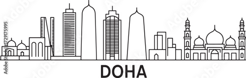 Doha Skyline Vector Illustration Minimalist Silhouette Line Art Landmark Buildings Travel