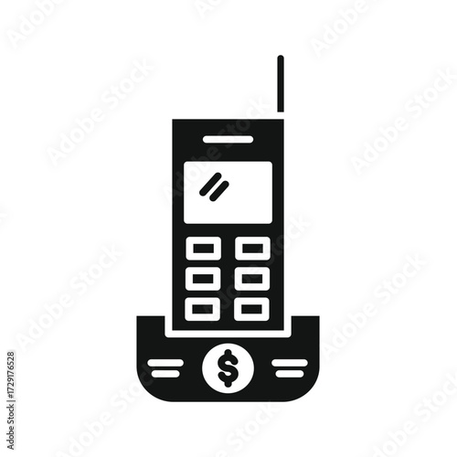 Retro mobile phone with a dollar sign on a charging dock representing communication and financial transactions
