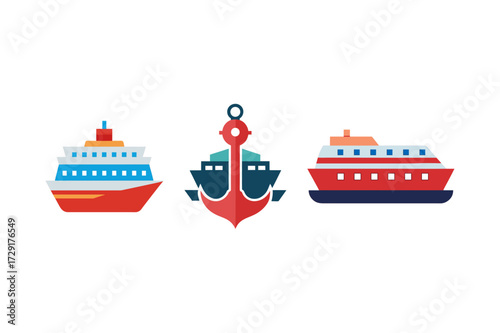 Set of nautical icons including ships and anchor