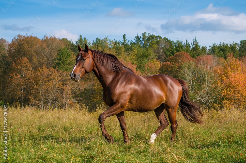 Obraz premium A horse walks leisurely in a paddock surrounded by autumn trees.