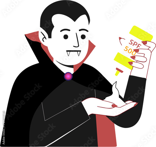 Cartoon Vampire Character Applying Sunscreen SPF 500 for Sun Protection, Funny Halloween Illustration with Dracula Using Sunblock Lotion