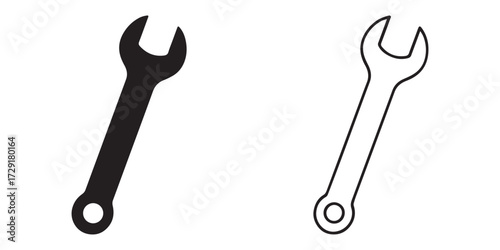 Black and white wrench tool set icon technical drawing for mechanical and diy projects