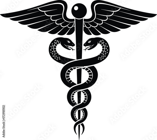 Caduceus symbol, medical icon, healthcare vector, black and white, serpents and wings, editable illustration, isolated graphic, anatomy concept