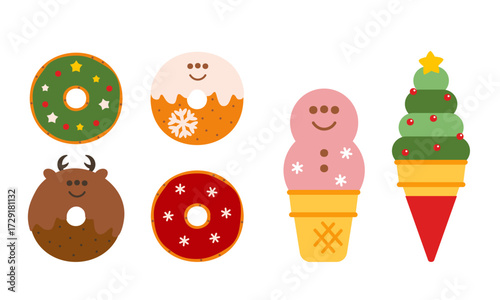 クリスマスのキャラクターお菓子ドーナツとアイスとソフトクリームのイラストセット