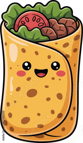 Cute Kawaii Burrito Vector Icon with a Smiling Face and Fresh Fillings, Depicting a Happy Mexican Food Character for Fun, Cuisine, and Kids' Concepts, Flat Vector Illustration