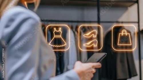 Blurred model in boutique background with glowing floating icons of dress, shoes, and bag, symbolizing fashion, lifestyle, and shopping concept.