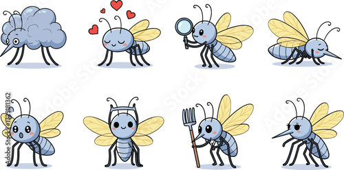 Cartoon bees with expressions, anthropomorphic insect characters, whimsical poses and props, emotional honeybee illustration, playful vector mascot set