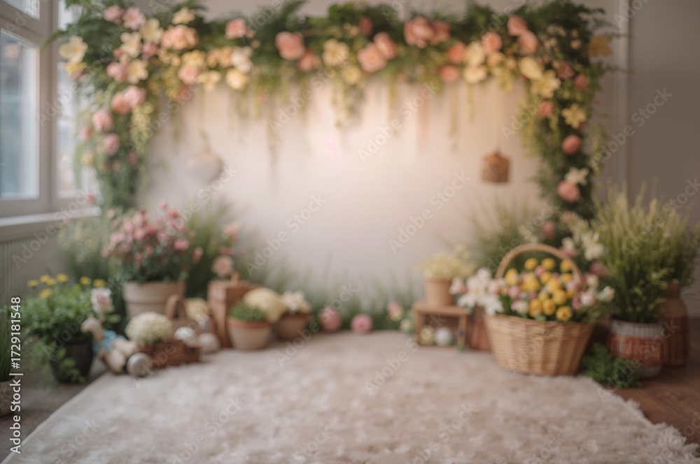 Fototapeta premium Spring-themed photo studio background for family and children's portraits with selective focus.