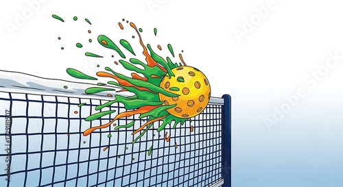 Pickleball Ball Exploding Through Net with Splatter.
