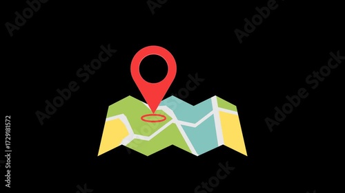 animated opening folded map with red pin location, animation footage video isolated on alpha channel(transparent) background.