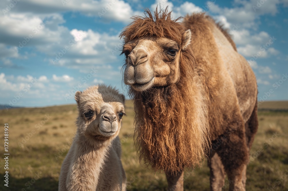 Obraz premium Infant camel walking next to its parent