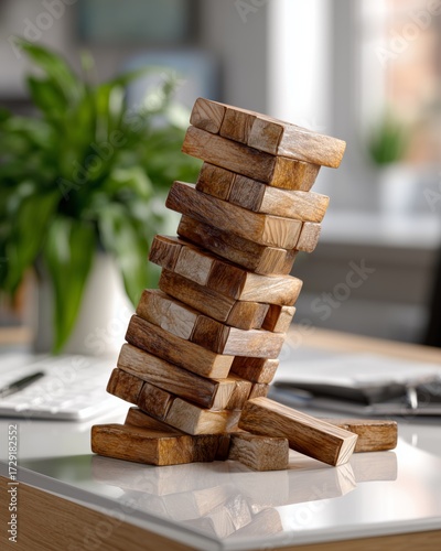 Bad management concept with collapsing wooden block tower on glossy white office desk, blocks mid-fall showing failure and instability, minimal symbolic composition for business risk and chaos.