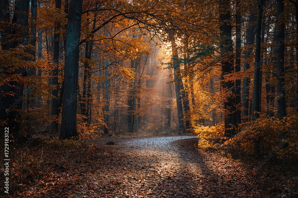 Obraz premium Forest trail in fall illuminated by sunlight filtering through trees
