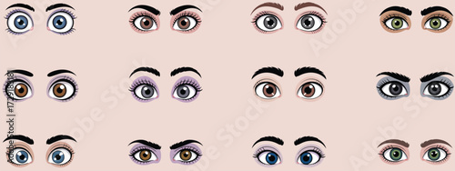 Collection of expressive cartoon character eyes in a vector illustration set, showing a variety of human emotions and looks