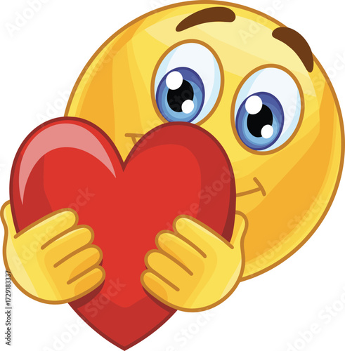 Happy Face Emoji Hugging a Big Red Heart, Expressing Deep Love, Affection, Passion, and Sincere Care as a Flat Vector Illustration