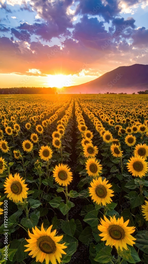 Fototapeta premium Vibrant Sunflower Field at Sunset with Scenic Mountain Background