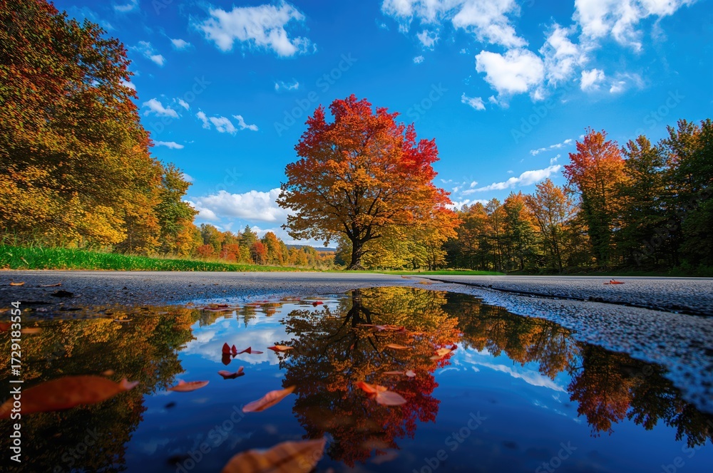 Obraz premium Reflection of a tree and sky in a puddle on asphalt with autumn foliage