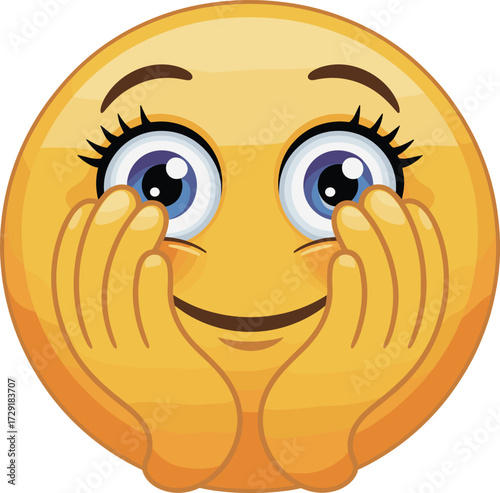 Happy Face with Hands Covering Cheeks, Wide Eyes, and Long Eyelashes Showing Surprise, Awe, or Adoration as a Flat Vector Illustration