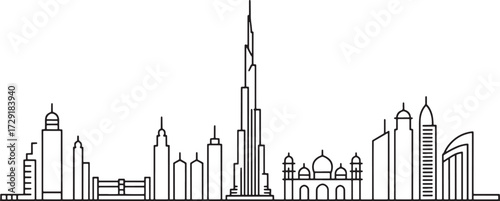 Dubai Skyline Vector Line Art, Urban Cityscape Outline Illustration, Silhouette