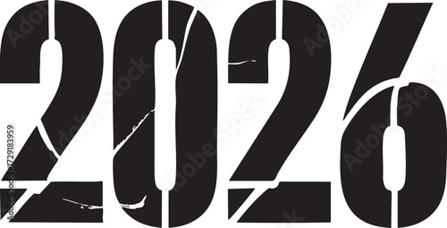 The year two thousand and twenty six painted in black on a cracked white wall under a ceiling light