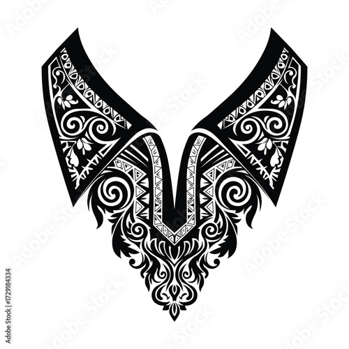 Vector art of intricate black and white ornamental collar design, featuring floral and geometric patterns