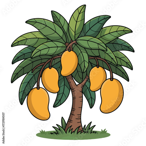 Cartoon Mango Tree with Ripe Yellow Fruits and Green Canopy – Vector Illustration