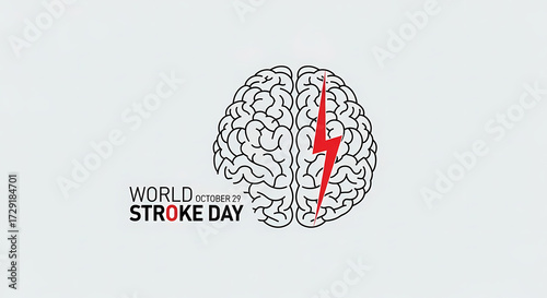 An illustration for World Stroke Day on October 29, featuring a human brain with a red lightning bolt symbolizing a stroke.
